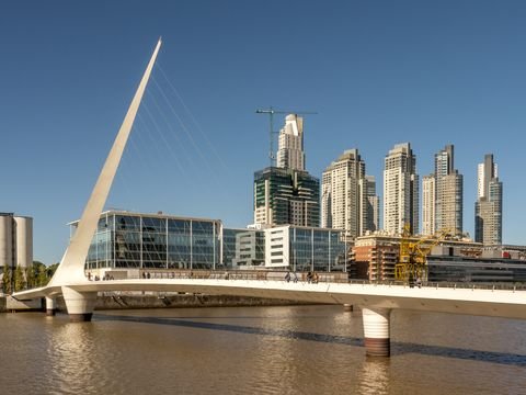 Puente de la Mujer footbridge and the towers of Puerto Madero, Buenos Aires